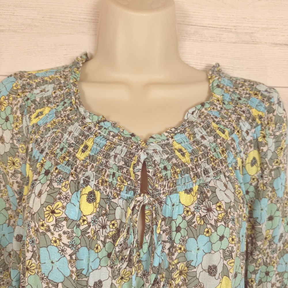 Jane + Delancey Cottage blue yellow floral Peasant Blouse Smocked small romantic - Picture 7 of 11